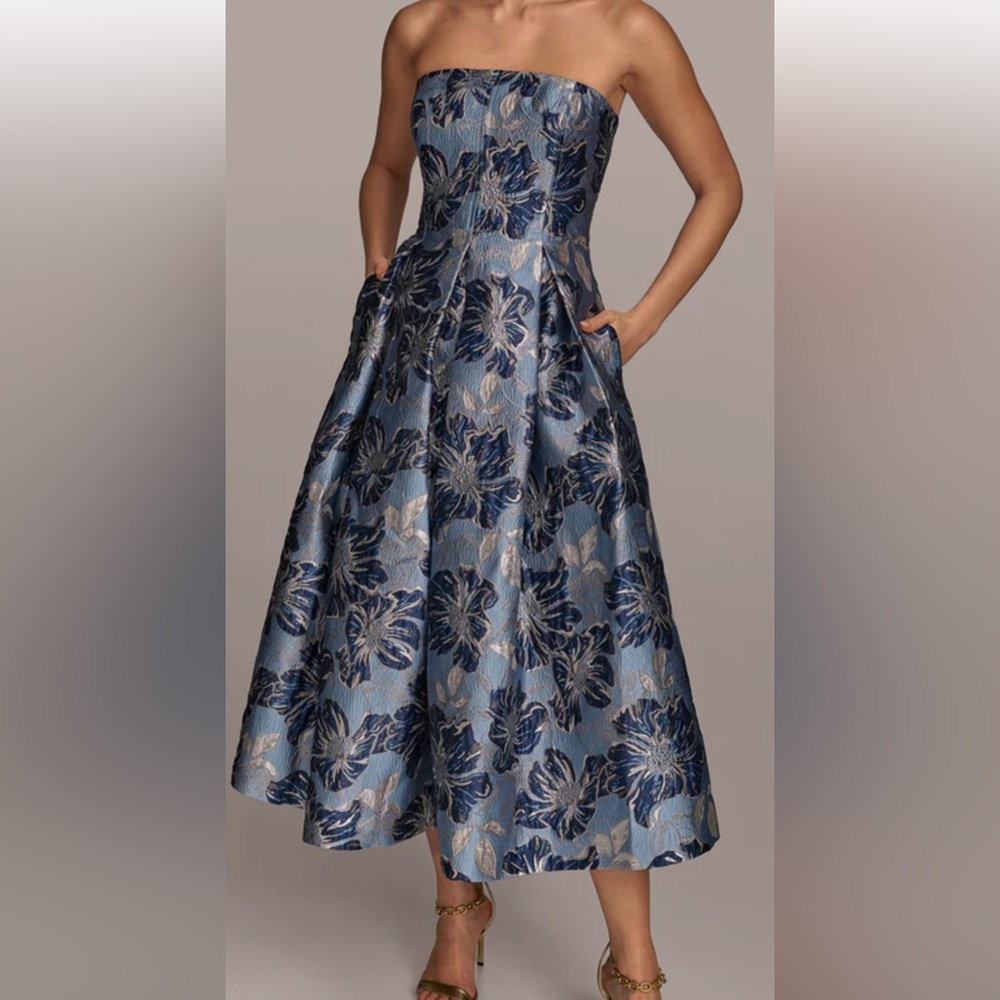 Donna Karan Strapless Dress in Blue and Silver Floral